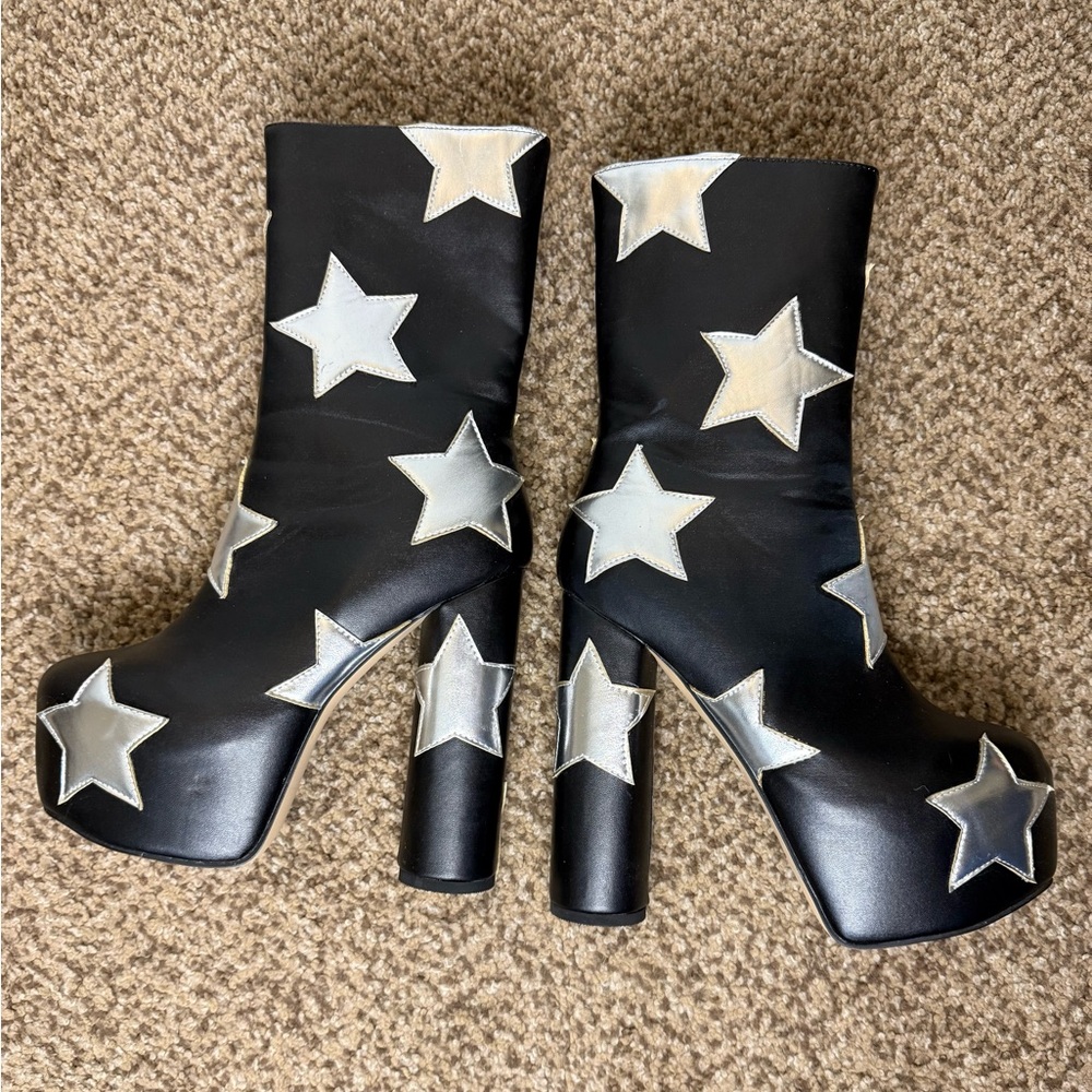 Black and Silver Star-Embellished Platform Boots